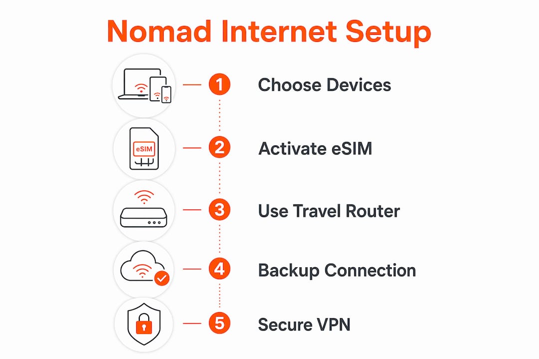 Infographic outlining digital nomad internet setup steps