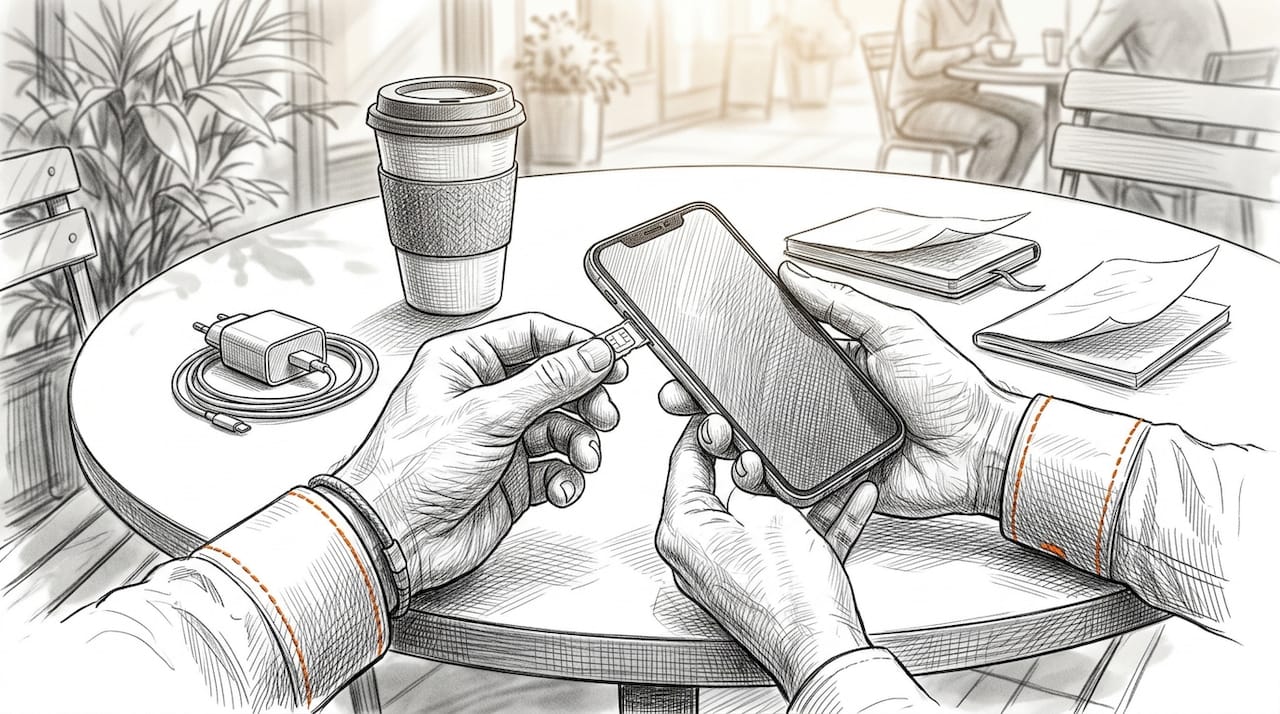 Hands inserting SIM card into smartphone in café