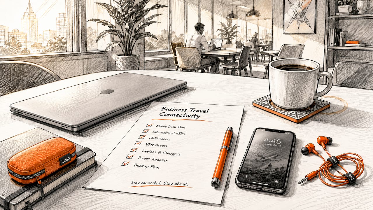 Desk with business travel checklist and devices