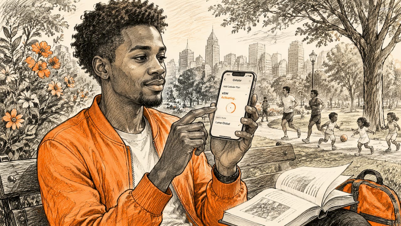 Hands activating eSIM on smartphone indoors