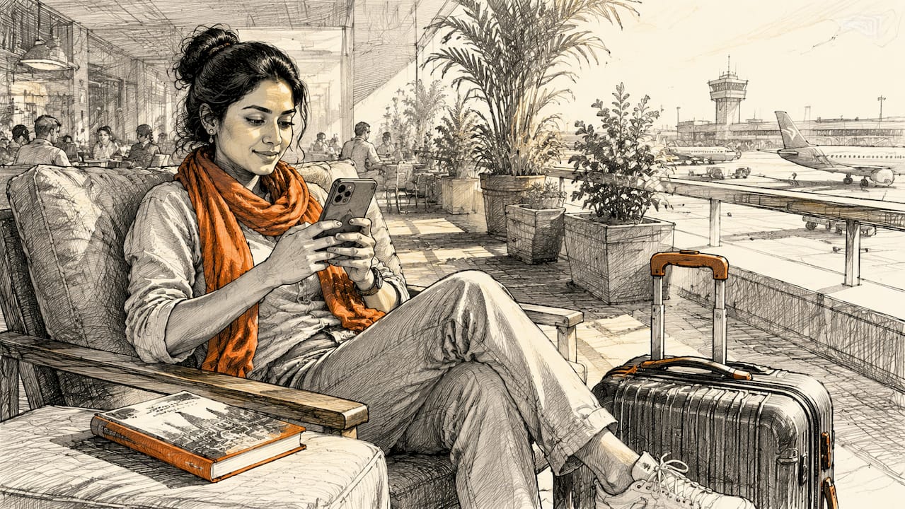 Traveler adjusting phone settings at airport