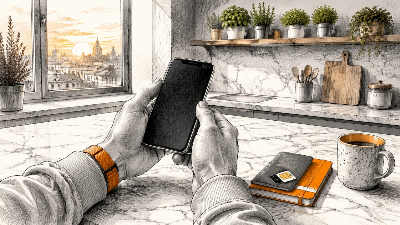 Hands holding smartphone preparing eSIM activation