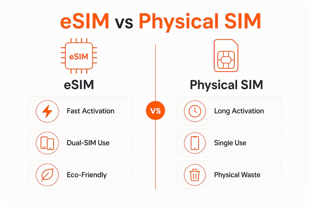 Comparison infographic of eSIM and physical SIM features