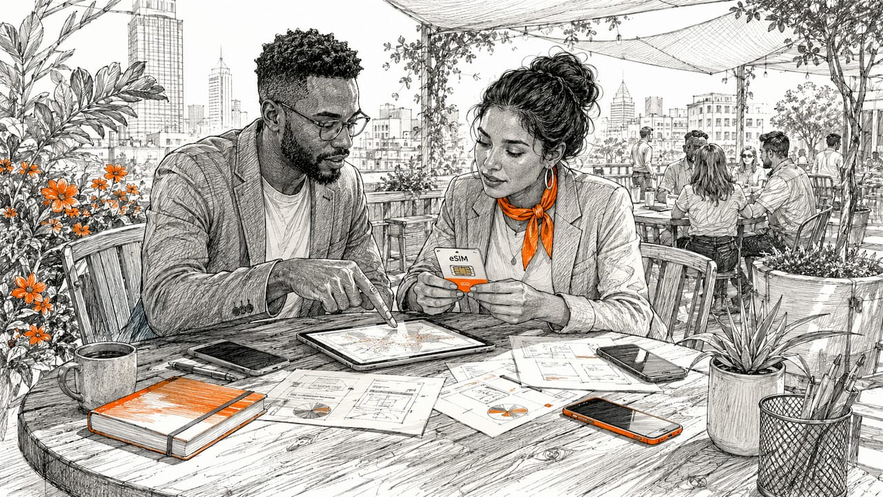 Two professionals discussing mobile connectivity devices
