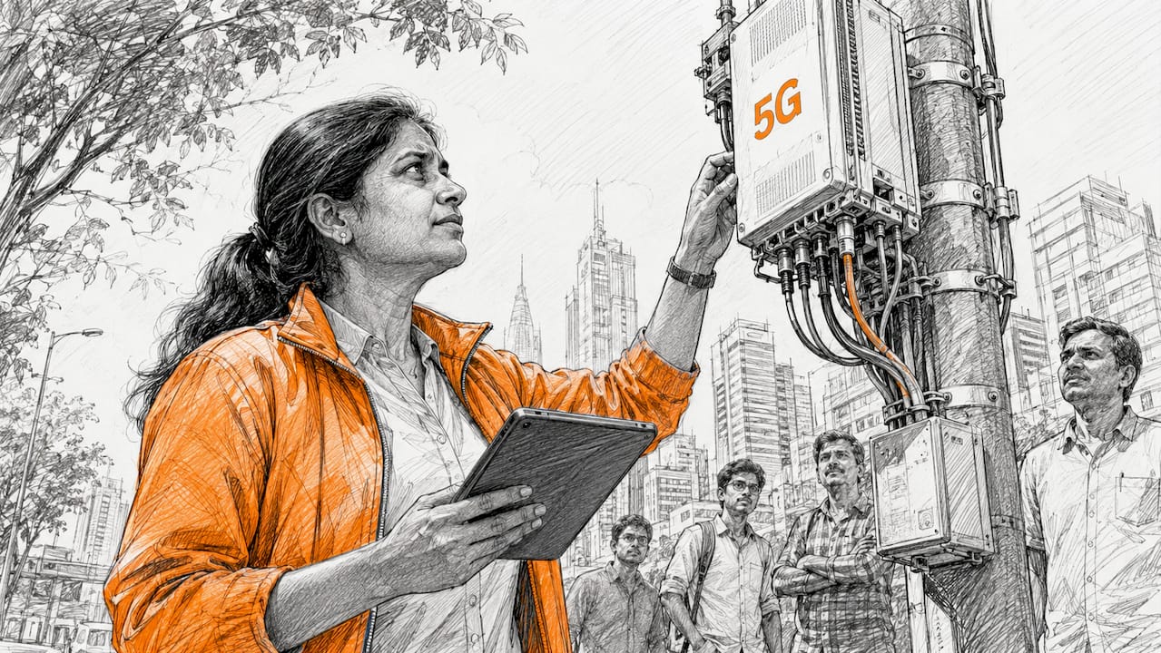 Engineer examining 5G base station in telecom room