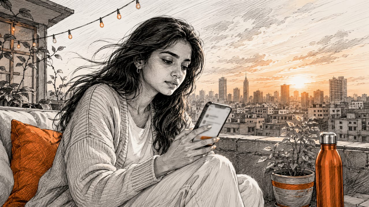 Young woman activating eSIM plan on smartphone at café