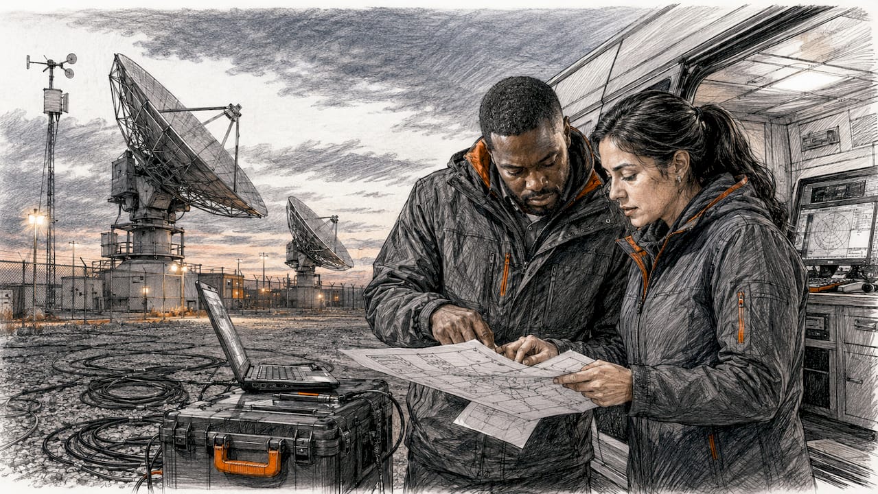 Remote satellite ground station with technicians
