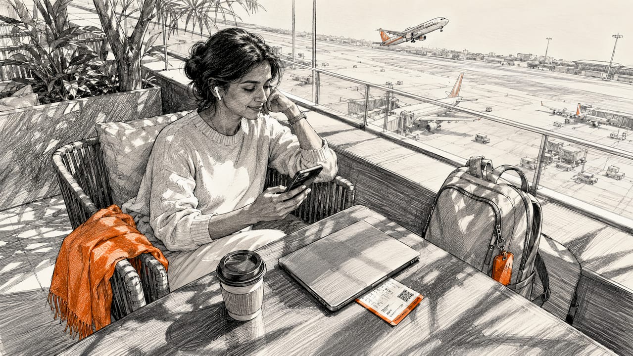 Traveler using smartphone at airport lounge desk