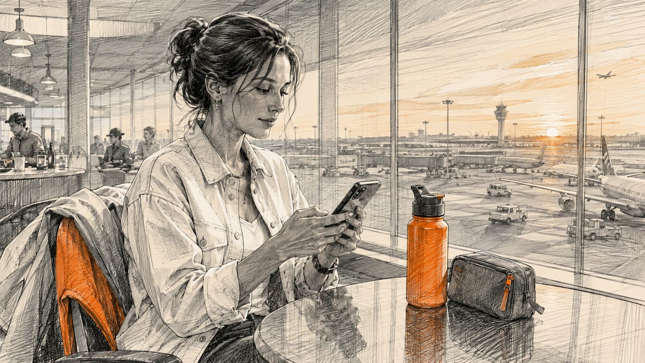 Traveler checking mobile data plan on smartphone