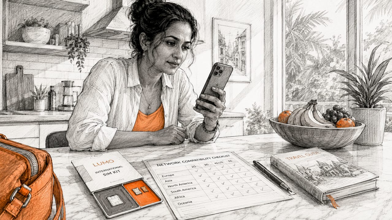 Woman checking smartphone and SIM kit for compatibility
