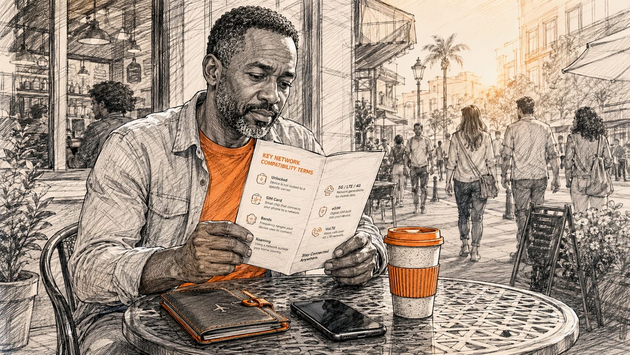 Traveler reading network compatibility brochure at café