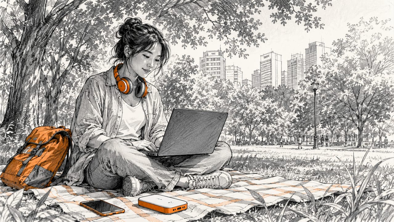 Woman setting up digital nomad connectivity outdoors