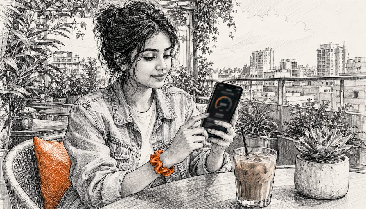 Close-up of hands testing mobile network speed
