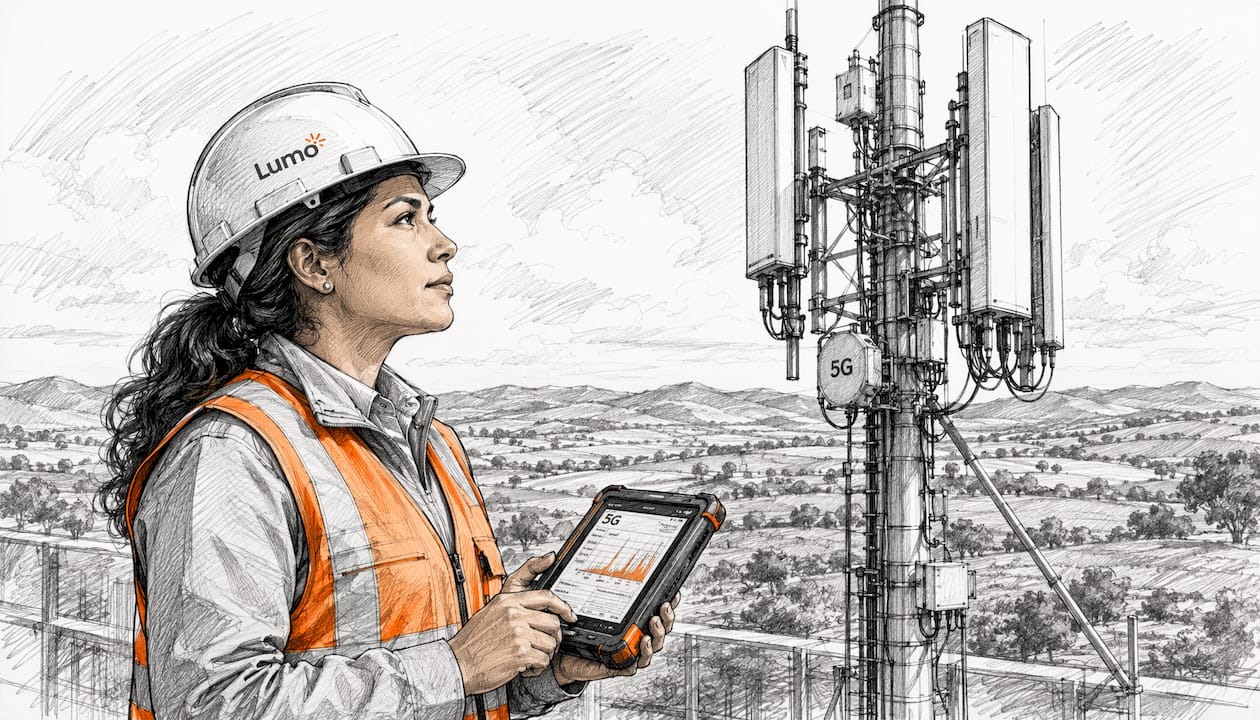Telecom engineer inspecting 5G network tower