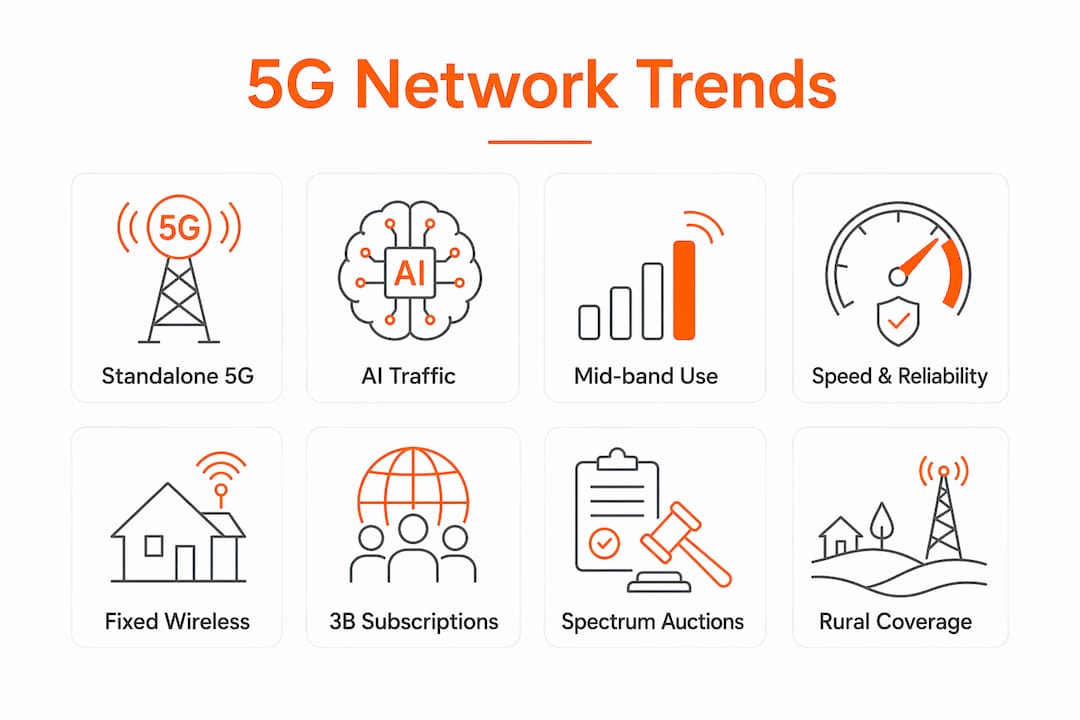 Infographic showing key 5G network trends in 2026
