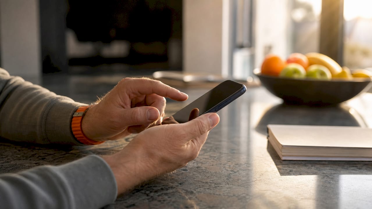 Hands checking phone settings for eSIM health in hotel room