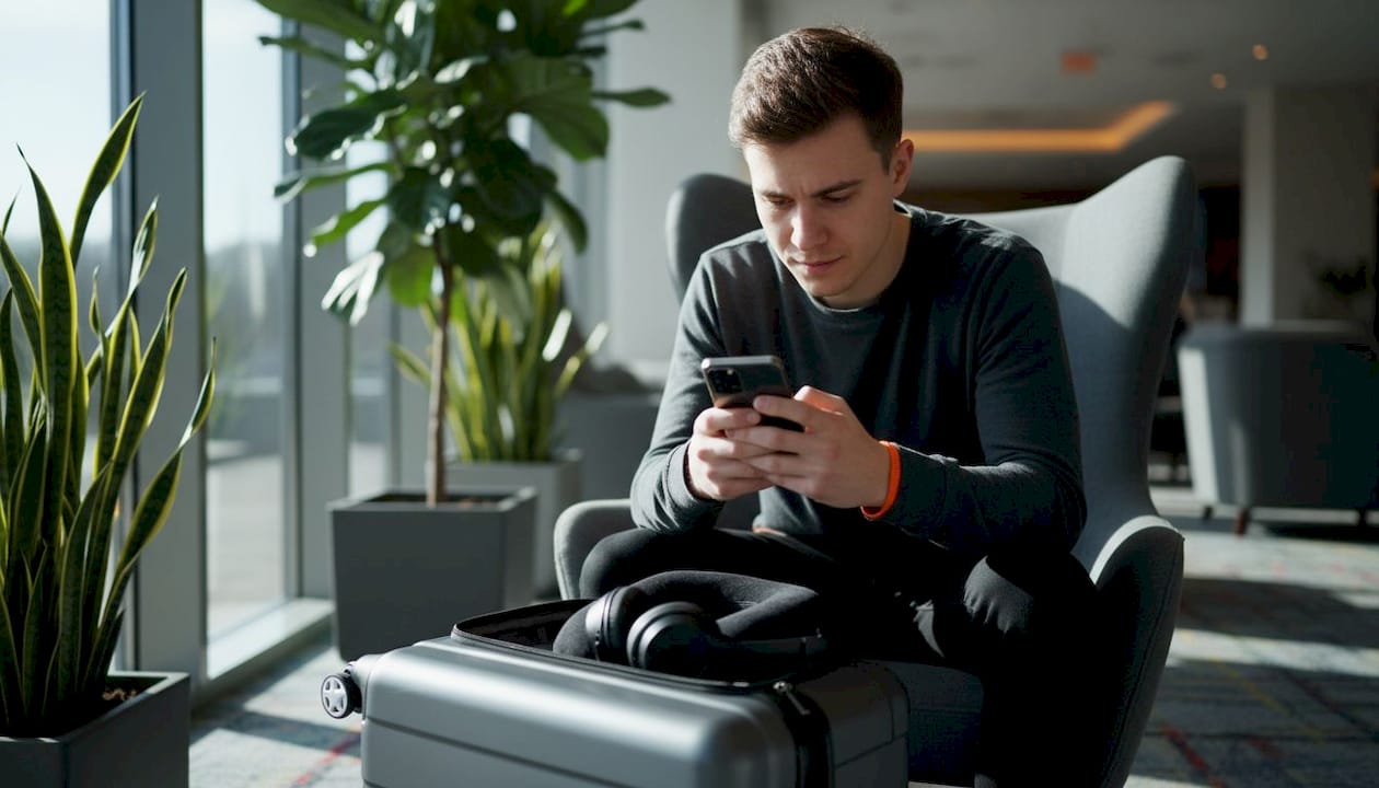 Traveler troubleshooting phone connectivity in airport lounge