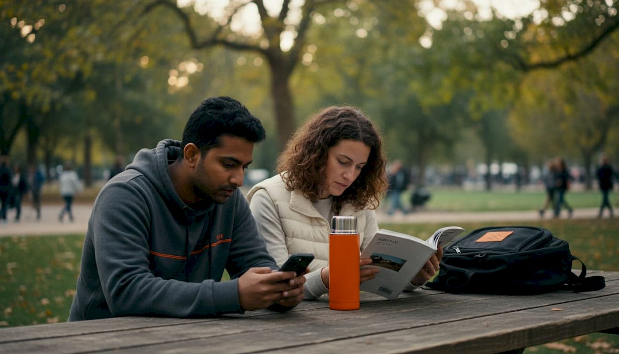 Two travelers using devices on public Wi-Fi at café