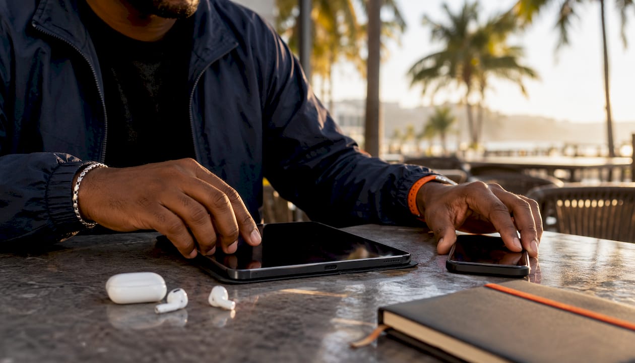 Hands holding multiple devices for eSIM management