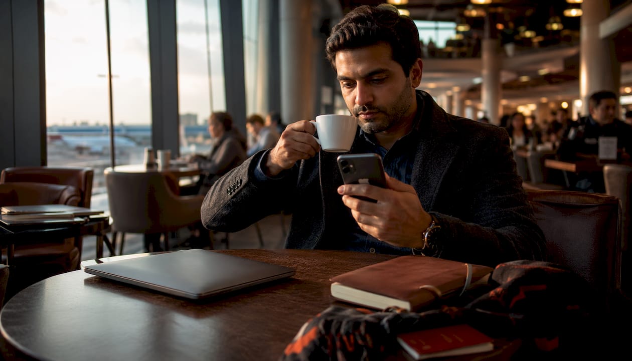 Business traveler using smartphone at airport lounge