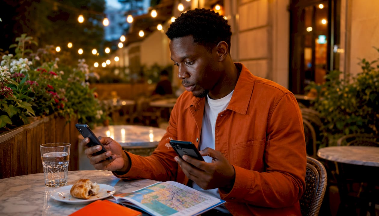 Traveler comparing mobile data devices