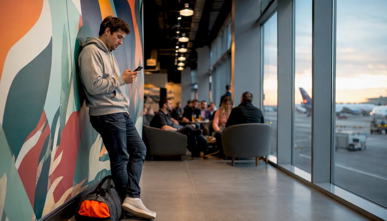 Traveler activating eSIM at airport lounge