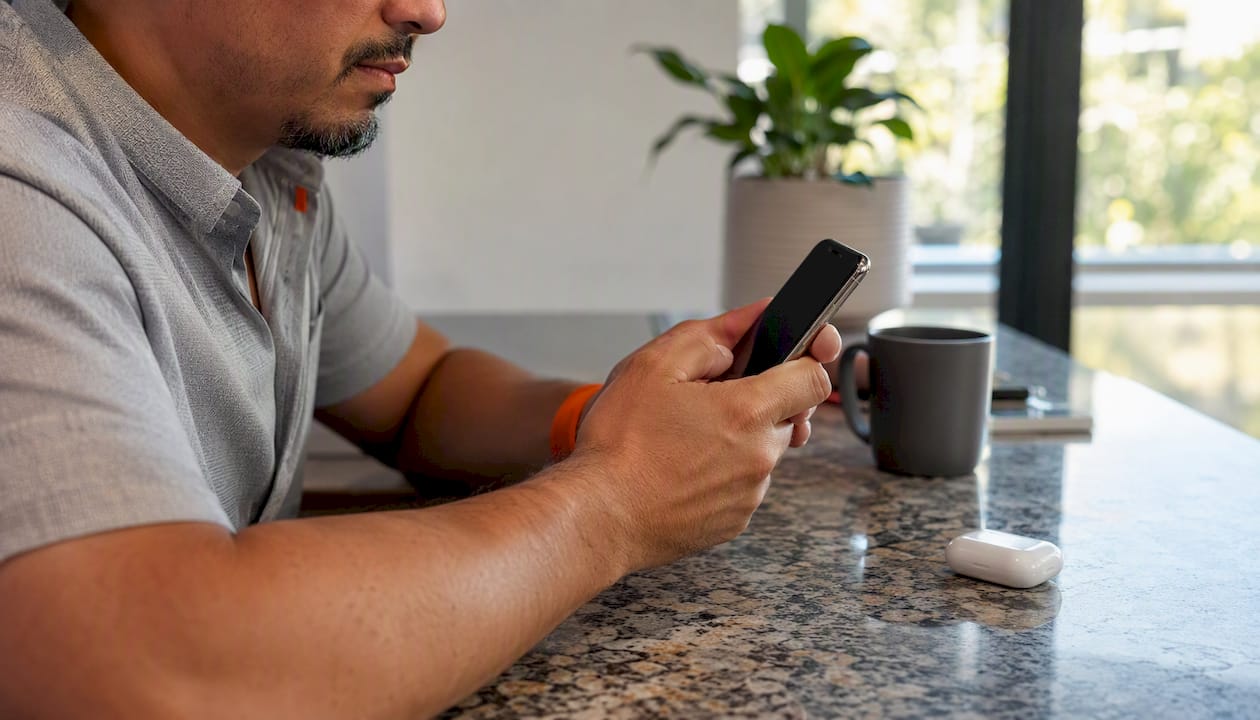 Close-up hands holding iPhone XS checking eSIM