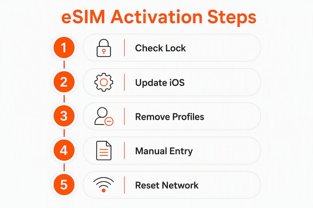 Infographic showing eSIM activation troubleshooting steps