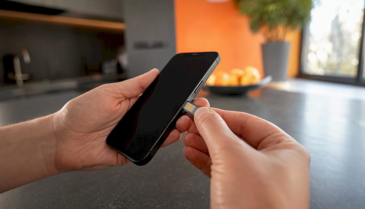 Hands inserting SIM into phone
