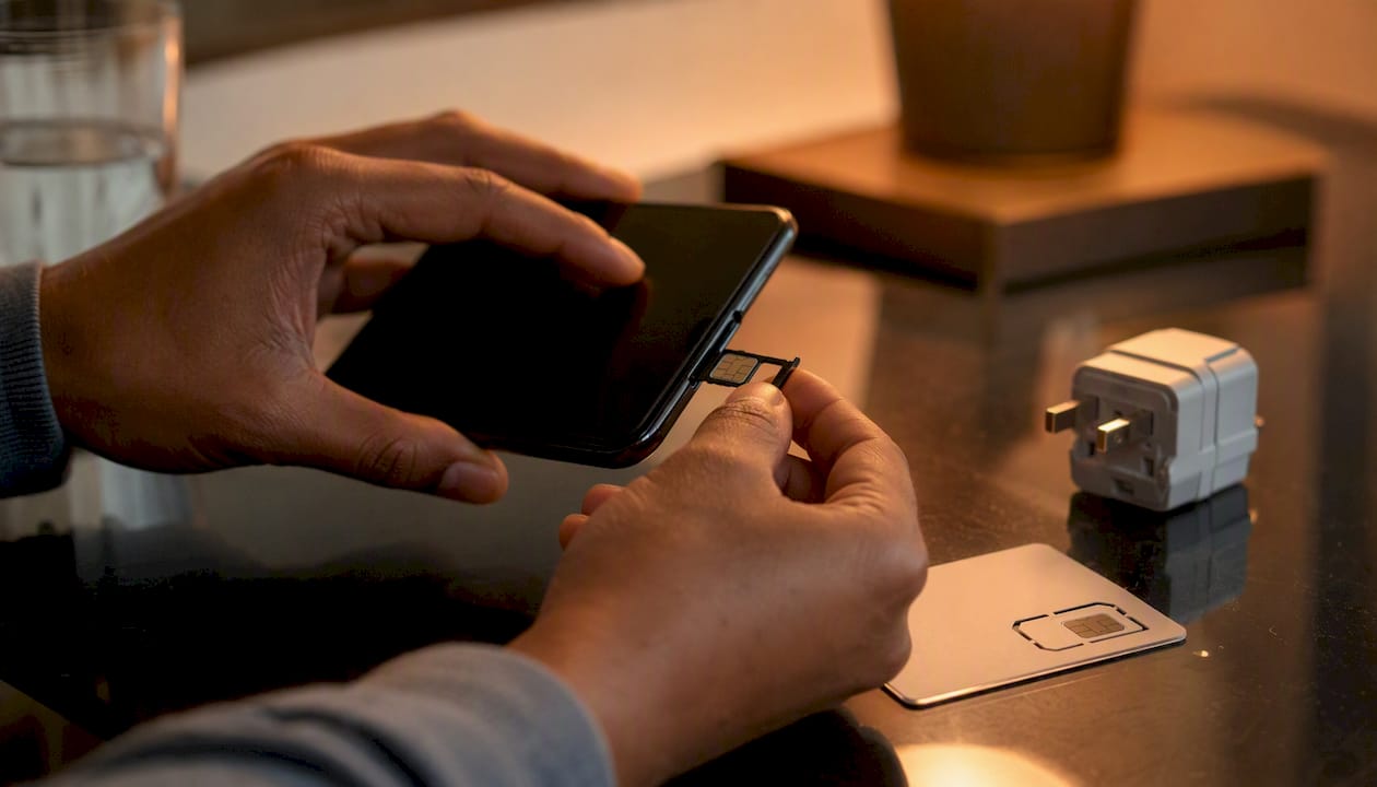 Hands swapping SIM cards on smartphone