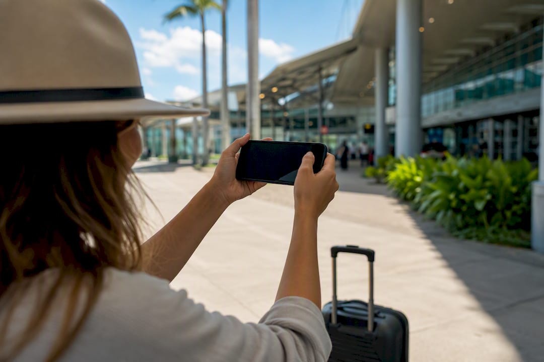 Hands activating eSIM on smartphone after travel
