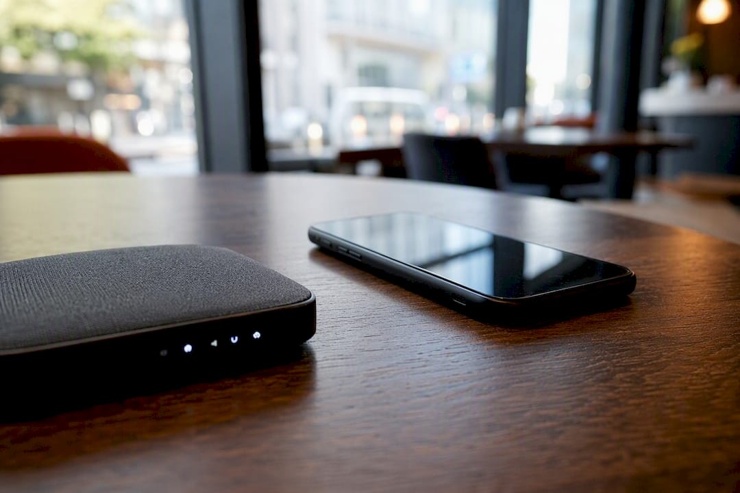 Travel router next to smartphone on desk