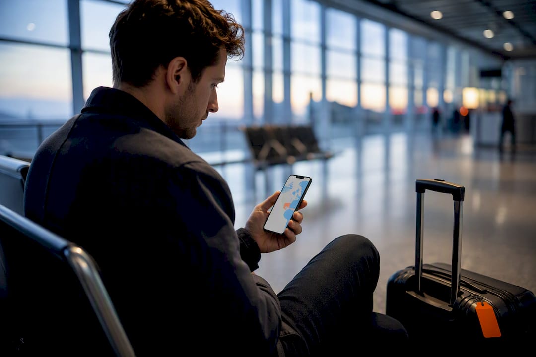 Traveler checking eSIM coverage before departure