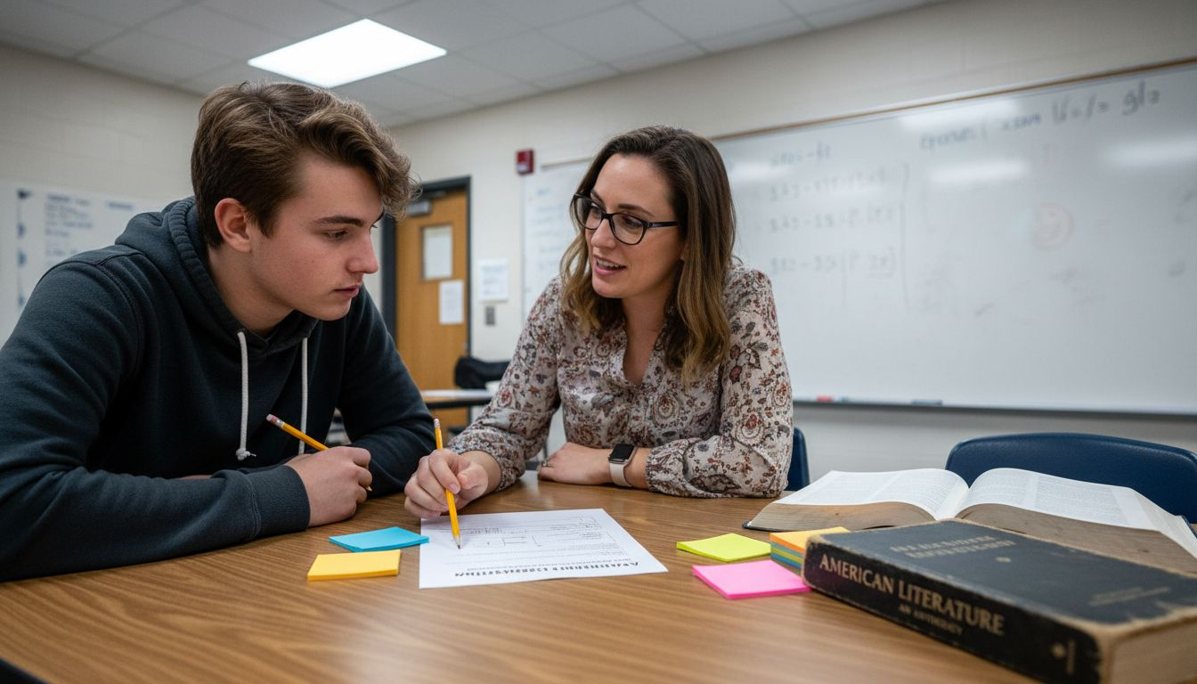 Teacher and student discussing AI worksheet
