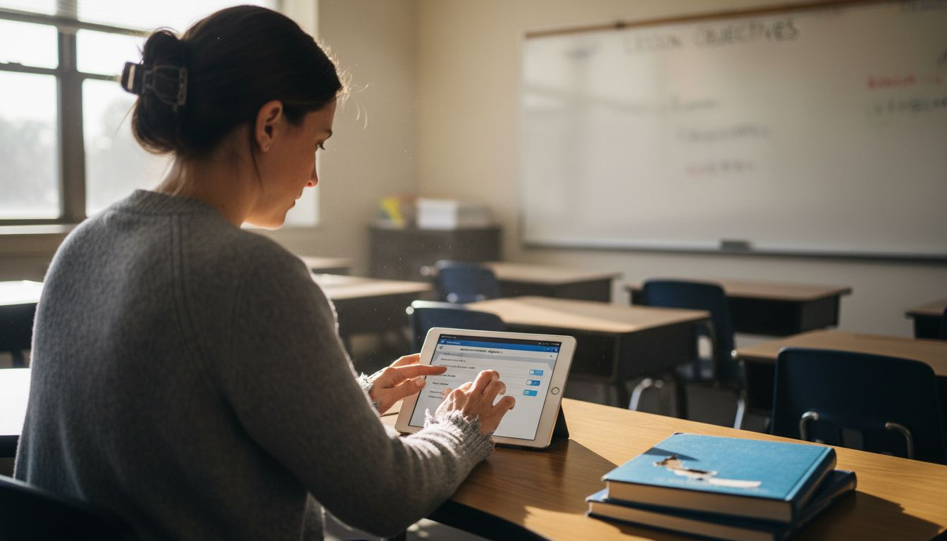 Teacher customizing AI lesson at her desk