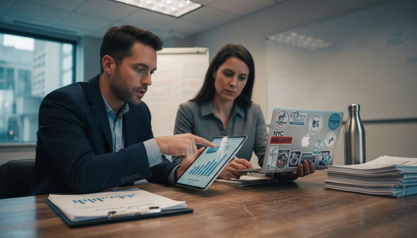 AI consultant reviewing data with executive in office