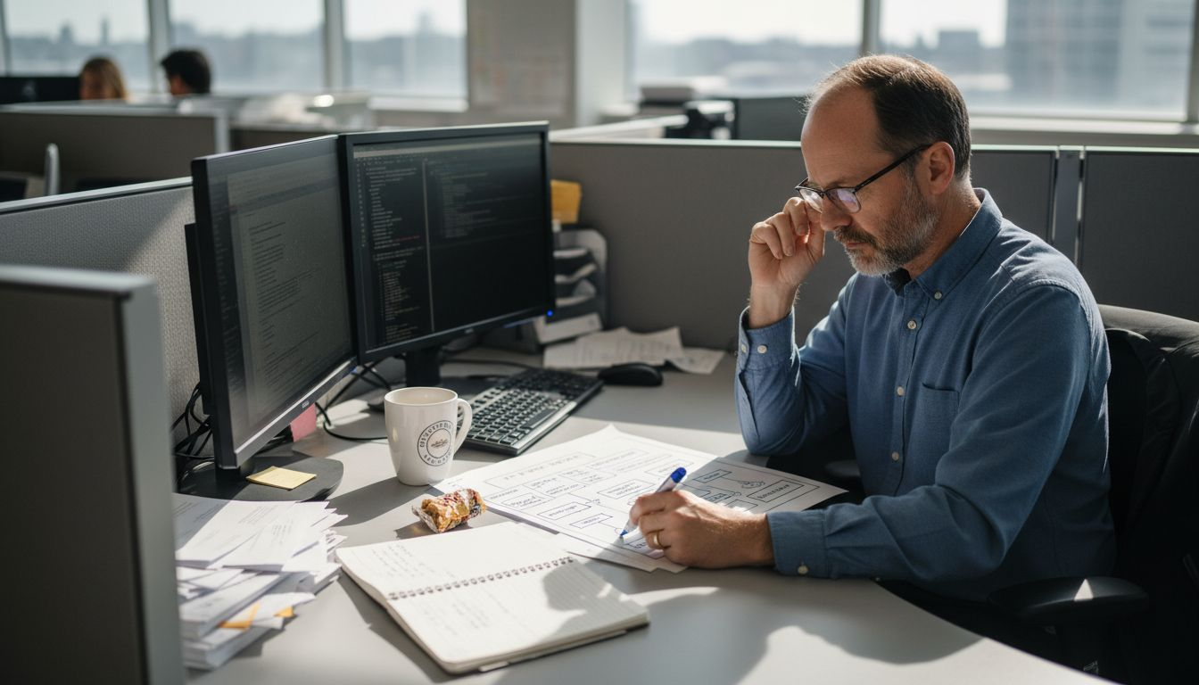 IT manager sketches workflow at office desk