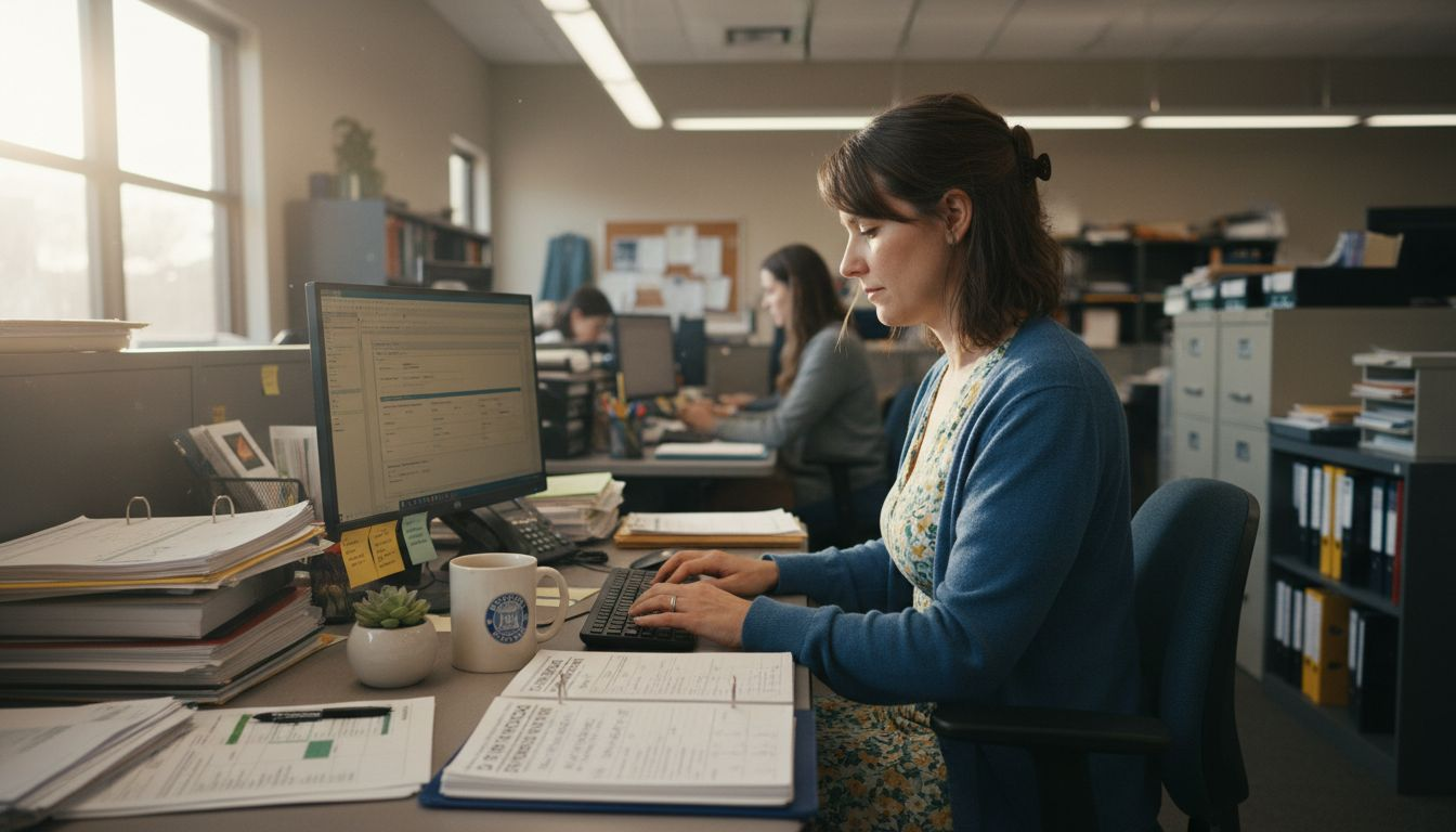 Municipal worker entering data at desk