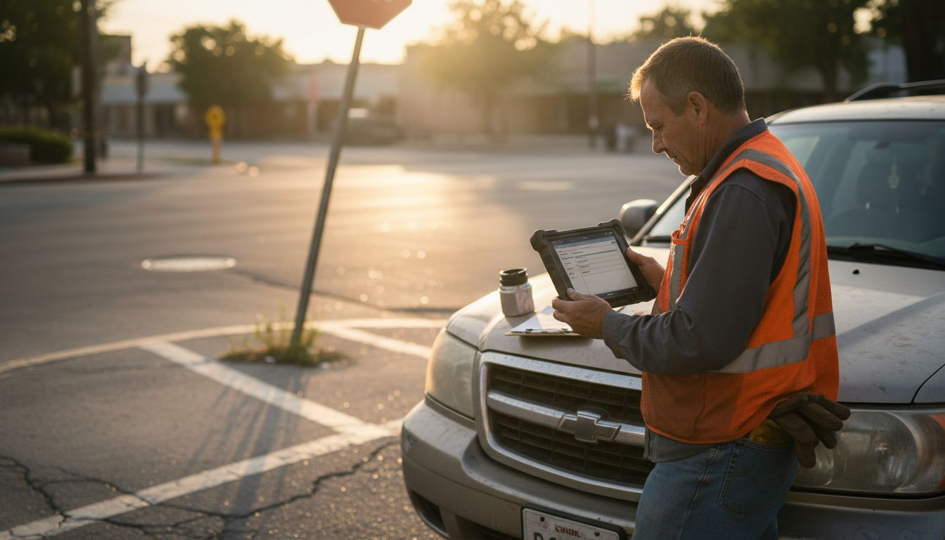 Inspector enters data with tablet by street