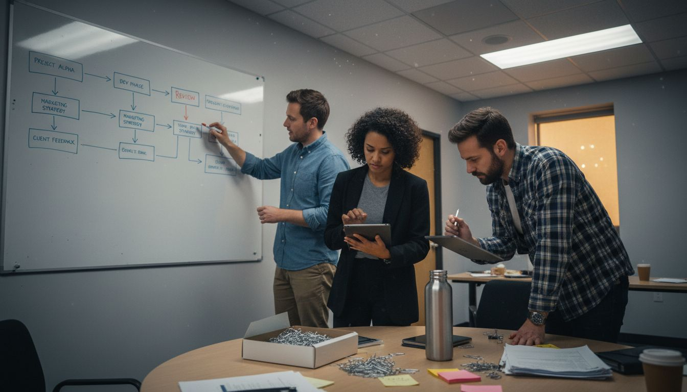 Office team reviews productivity charts and workflow