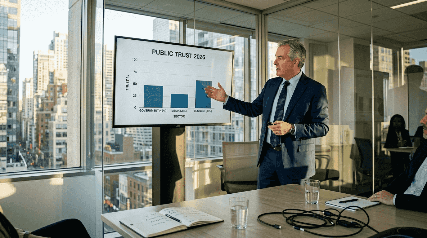 Presenter showing public trust statistics on screen