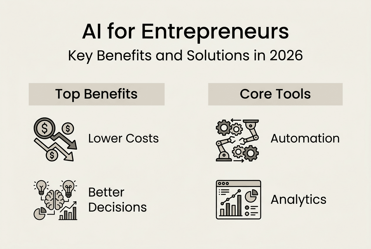 Infographic on AI benefits and tools for entrepreneurs