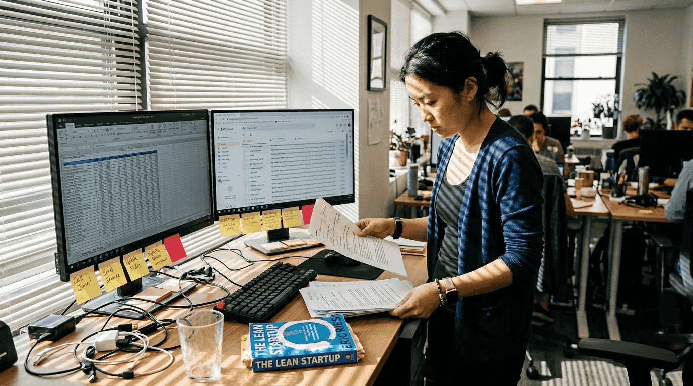 Startup worker at cluttered automation workspace