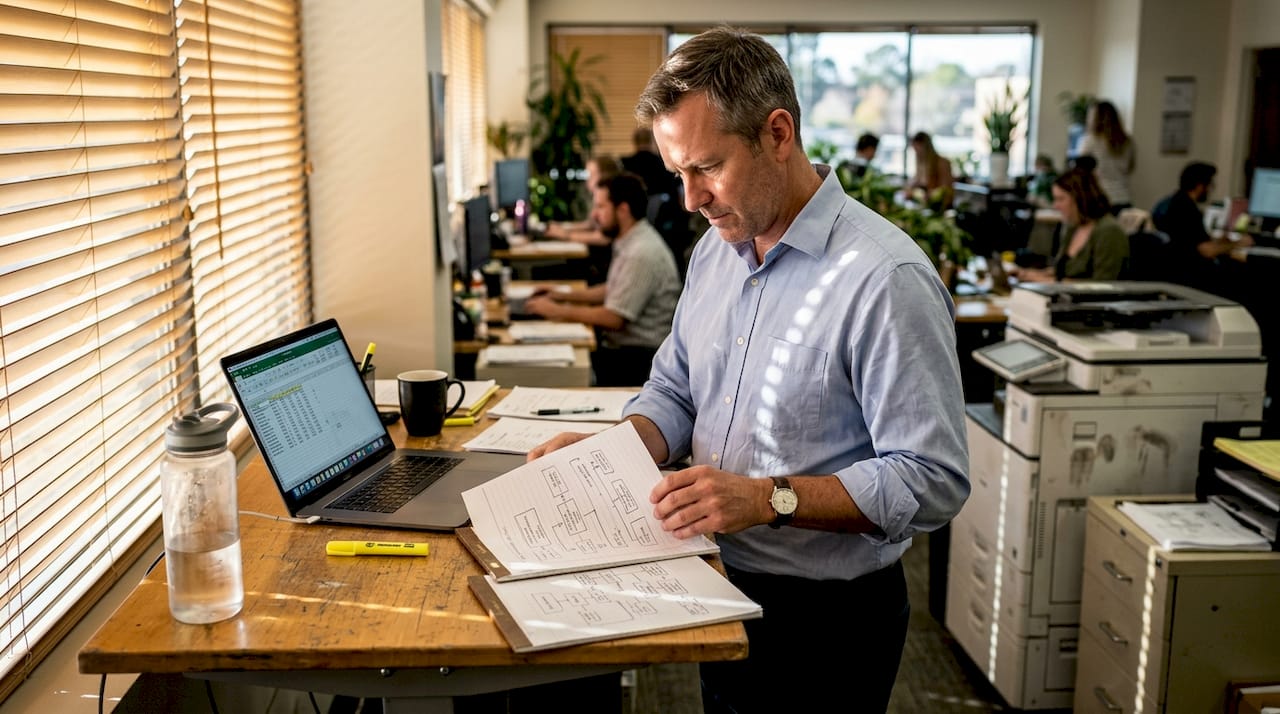 Manager reviews business workflow diagrams