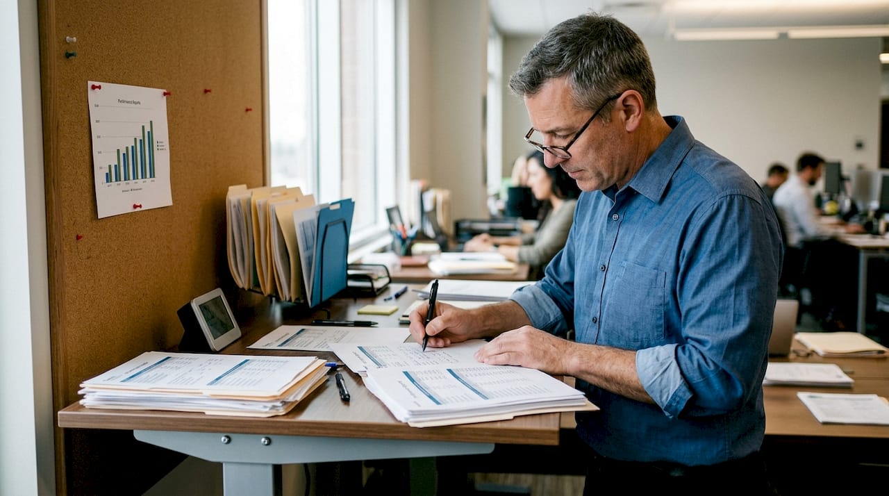 Professional reviewing data reports at cluttered desk
