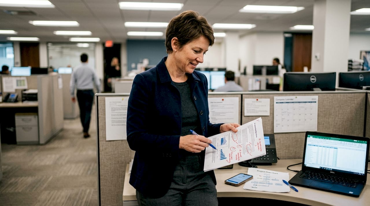 Manager reviewing AI recommendations in office