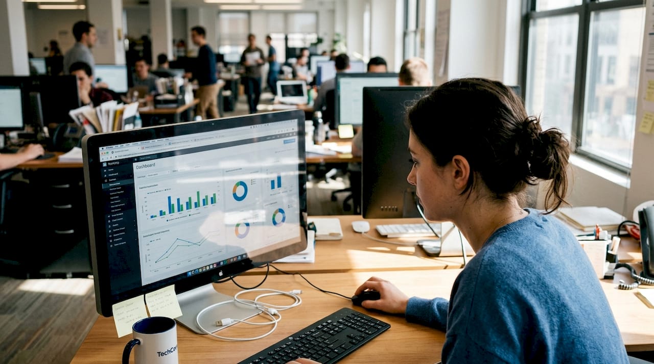 Worker exploring new AI dashboard at desk