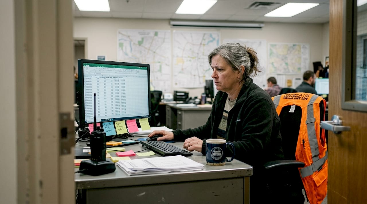City worker checking traffic data metrics