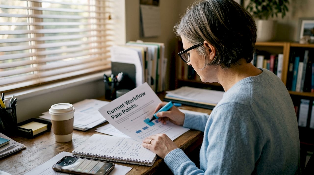 Owner analyzing workflow chart for AI use