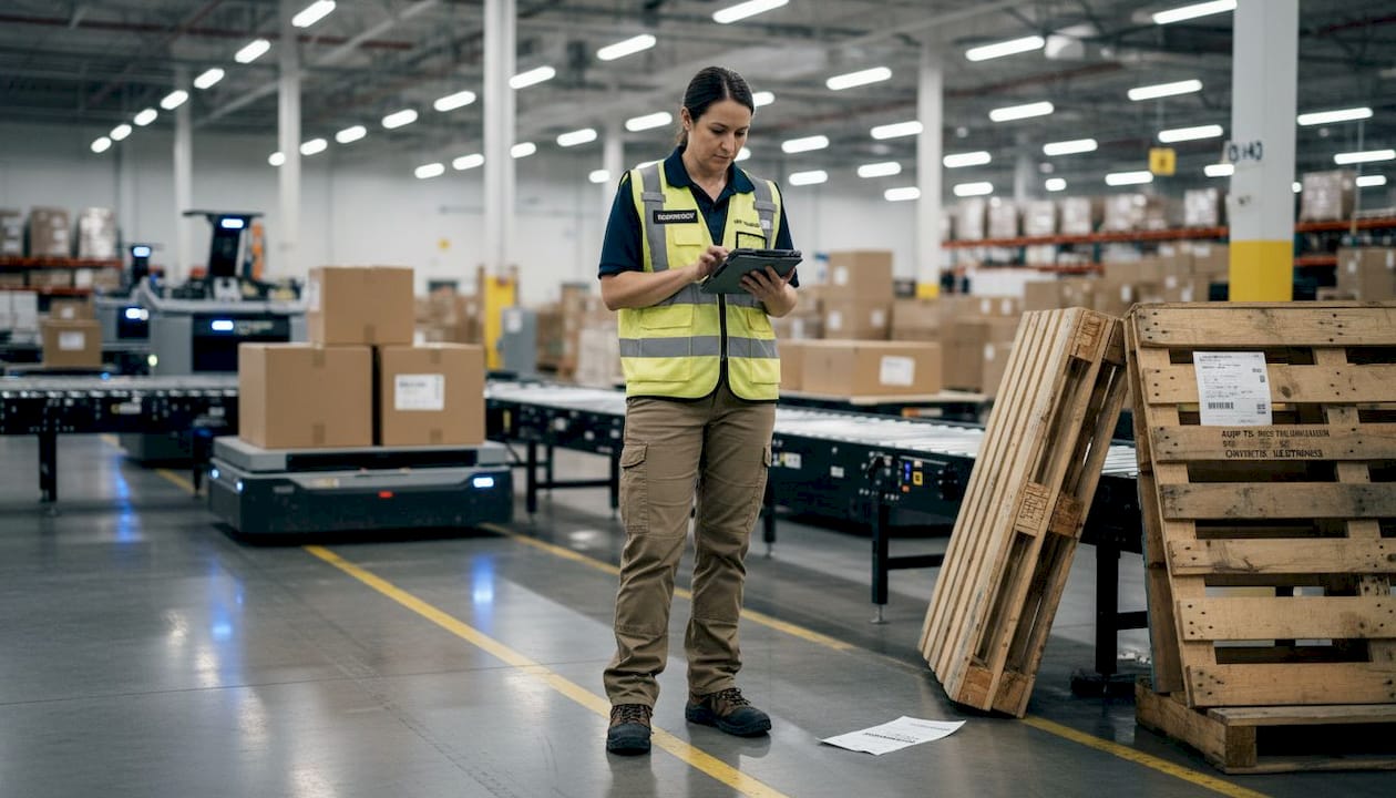 Supervisor uses tablet amid warehouse robots